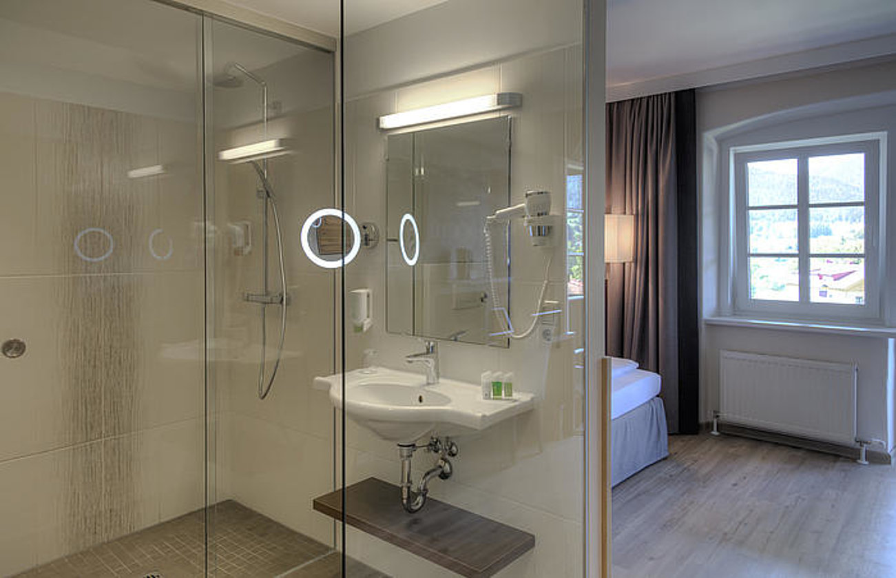 Modern hotel bathroom with glass shower and view into bedroom with mountain scenery