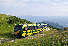 Grün-gelber Gebirgszug fährt durch alpine Landschaft mit fernen Hügeln