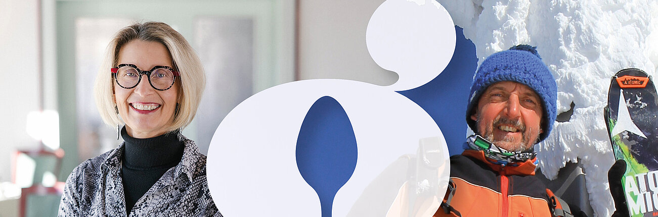 Lächelnde Frau im Innenraum und Mann in Skikleidung im Freien mit überlagertem Grafiklogo