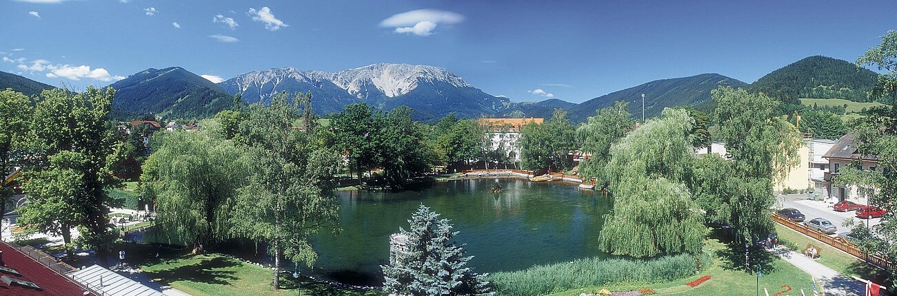 Mountain village with lake surrounded by trees and alpine peaks under blue sky