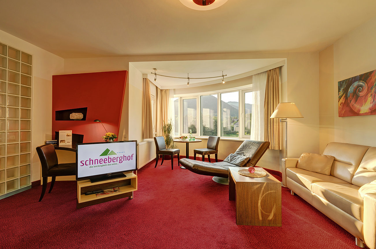 Bright hotel suite with red carpet, modern furniture, and large windows showing mountain view