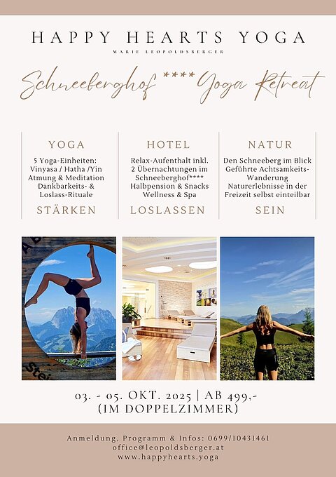 Flyer für Happy Hearts Yoga Retreat mit Yoga, Hotelaufenthalt und Naturerlebnissen im Schneeberghof