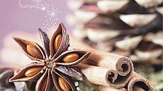 Sternanis und Zimtstangen mit Tannenzapfen und goldener Weihnachtsdekoration