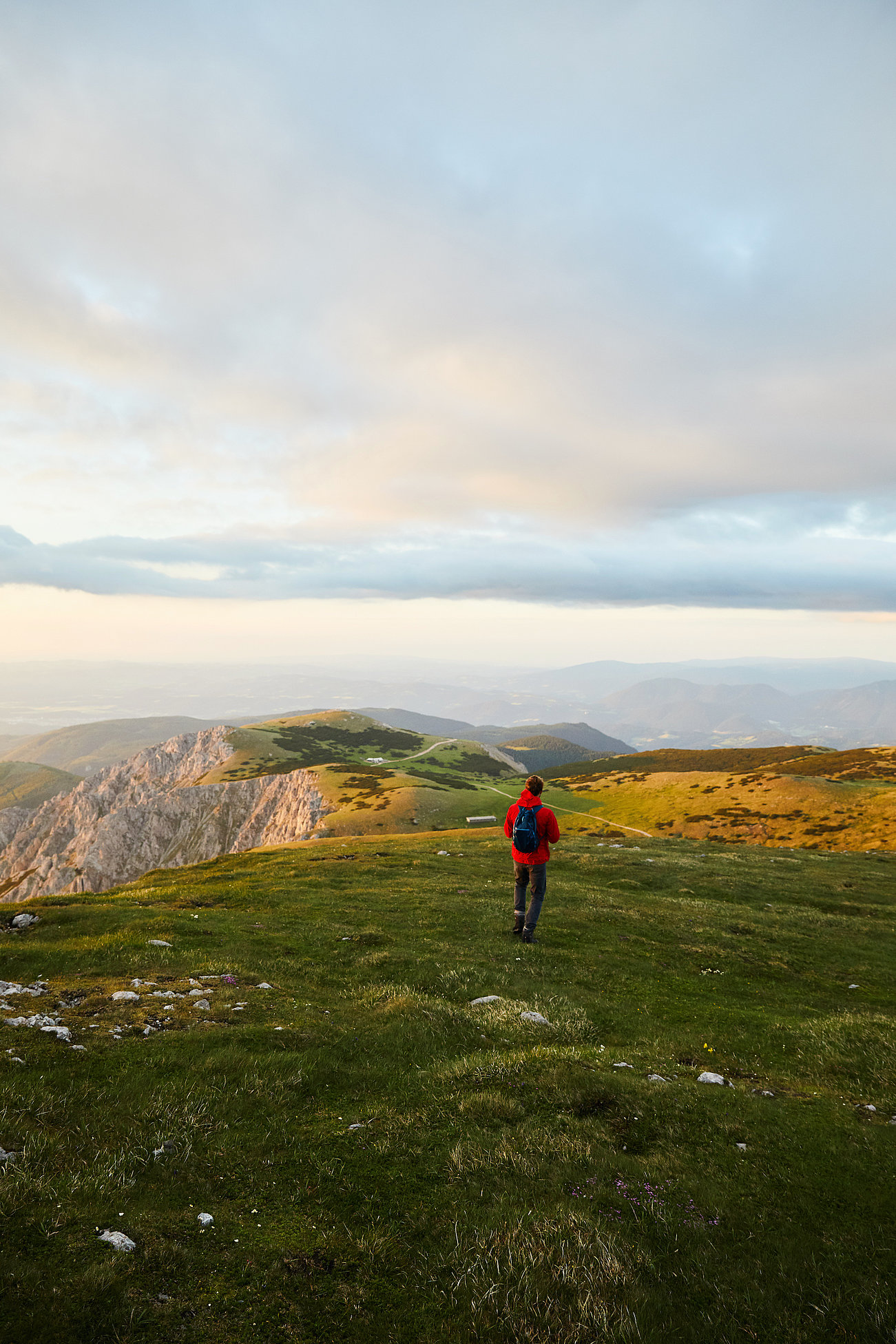Wanderer mit roter Jacke geht über grüne Bergwiese im Sonnenuntergang